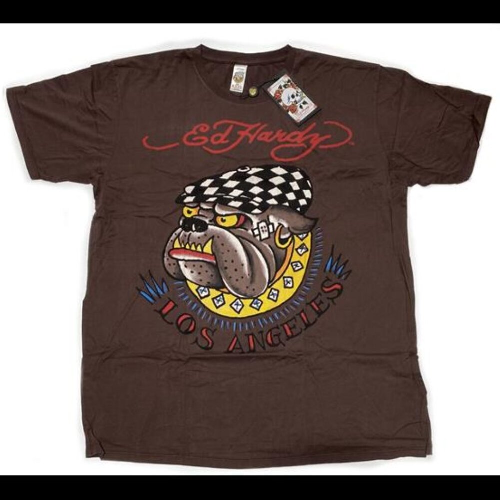 Retro Y2K Audigier Authentic New Vintage Men Ed Hardy T-shirt Brown Bulldog 3XL